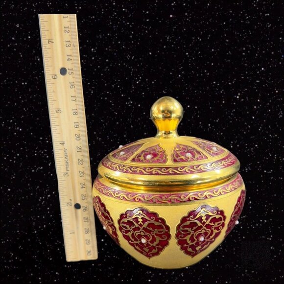 Decorium Turkish Glass Handcrafted Candy Dish Bowl Gold Gild W Lid Marked VTG - Picture 7 of 16